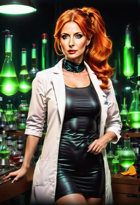 Necron, electricity, green glow, green theme, (red:1.6), (close up:1.6), Stable_Yogis_PDXL_Positives, (Victorian blouse), Realism_Quality_2xx_By_Stable_Yogi, (anatomically correct:1.6), photo, photo_realistic, 1girl, mature_woman, European, 27 years old, parted_lips, choker, seductive smile, sultry, serious stare, stern look, close-up, eye shadow, makeup, milf, mature female, pureerosface_v1, Expressiveh, intricate_details_xl, natural skin, realistic, hands out of view, red lipstick, makeup, long ponytail, streaked hair, Orange hair, black streaks in her hair, long side bangs, black highlights in bangs, thick lips, mega ponytail, big hair, tall, natural blue eyes, high neck closure, fitness body, toned muscles, high cheekbones, solo, (fully dressed:2), high turtle neck, outdoors, (hands hidden:1.7), short sleeves, closed dress, high neck closure, gentle smile, closed mouth, short puffy sleeves, (laboratory:2), big fluffy hair in all directions, add-detail-xl, luna_flex_v4_sdxl_3500_lora_f32, (white lab coat:2)