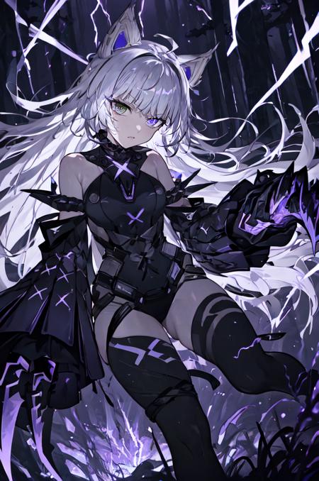 wolf ears, white hair, very long hair, green eyes, heterochromia, black hairband, detached collar, detached sleeves, wide sleeves, black leotard, hip strap, black thighhighs claw, claws \(weapon\), glowing purple lightning wolf tail