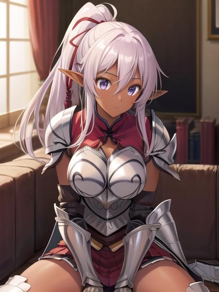 best quality, masterpiece, highres, detailed, perfect anatomy,  <lora:Detail - add_detail:0.2>, AishaU, armor, castle, breastplate, skirt , <lora:AishaU-10:0.8>, dark skin, elf, ponytail, ribbon,