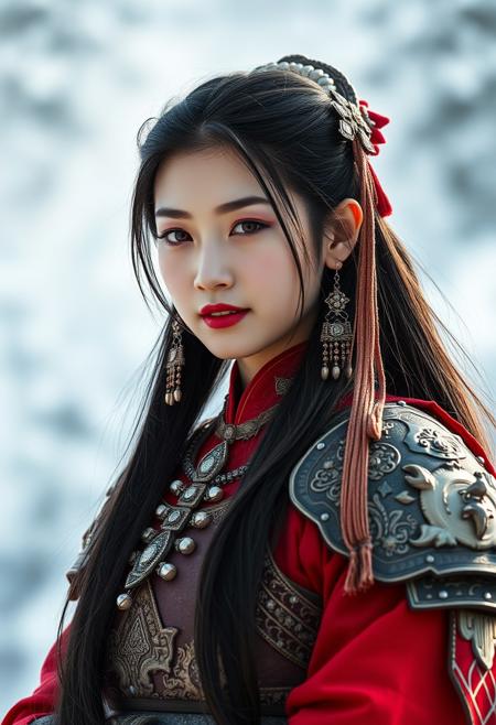 symmetrical full shot of a mongolian warrior girl, long hair, black hair, jewelry, red eyes, makeup, red lipstick, pale skin, white skin, armour, earrings, wearing elegant costume, in the moutains at winter, winter, snow in the background,  skin texture, best quality, ultra-detailed, analog style, cinematic light, sidelighting, ultra high res, small smile, closed mouth, Kang-Jin Star, Wukong