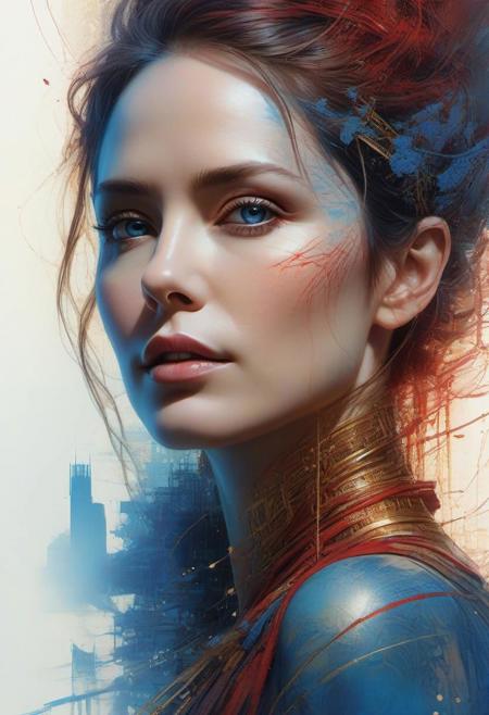 Woman 40 years old with fine hightech skin details, detailed face, sf, intricate artwork masterpiece, blue and red pastel ratio, background is the earth planet on golden hour, ominous, matte painting movie poster, by Carne Griffiths