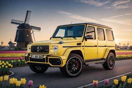 <lora:gwag63-000005:0.6> gwag63 yellow body, black roof, parked near a tulip field, left side view, beautiful spring weather, sunrise, ultra wide angle, amsterdam, colorful tulips, windmill in background, masterpiece, award winning, bokeh, natural lighting, sharp focus, smooth, intricate details, 8k wallpaper, trending on artstation