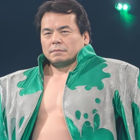 <lora:MitsuharuMisawa:0.99>, A portrait photo of a man on the stage with his green sparkly jacket wide open without a shirt underneath, laser arena lights in the background