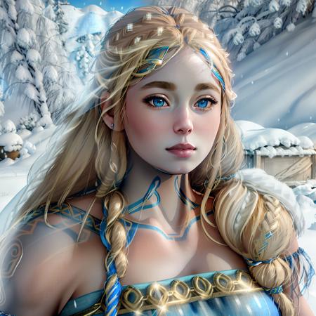 Sif, photorealistic, 4k, UHD, ((blonde hair over her left shoulder))), snowy background, blue dress, blue eyes, <lora:Sif_GodofWar:1.2>