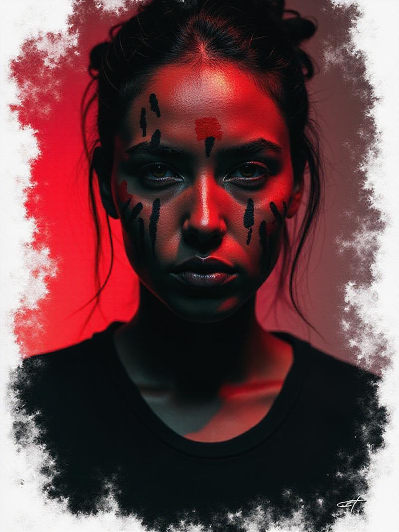 A striking image of a woman with black and red paint on her face, capturing an intense, expressive digital art style. The image features a gradient background transitioning from white to deep red, with torn and jagged edges that add a raw, distressed look. The overall composition should have a high contrast, with sharp details and dramatic lighting. The artwork is inspired by dark, emotional themes, giving it a haunting yet captivating appearance, as if created using Affinity Photo