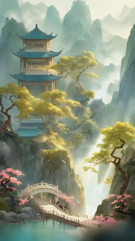 guohuashanshui,Masterpiece,Best Quality,even,Ditu, scenery,no humans, architecture, east asian architecture, building, Line art,flat color,The ultra wide-angle lens,magnificent and breathtaking scene,epicmasterpiece,8K,The ancient Chinese-style architecture,surrounded by blooming flowers,lush green leaves,bamboo forests,flowing mountains,waterfall,small bridge,winding paths,Thesunlight shines brilliantly,(nohumans),minimalism,(Zen aesthetics:1.2),(Zen composition:1.3),Chinese landscape painting,