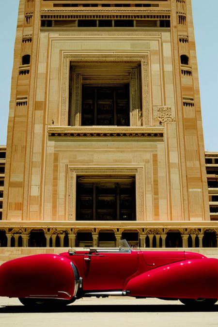 a red car parked in front of a large building , 1girl, weapon, multiple boys, ground vehicle, motor vehicle, car, vehicle focus