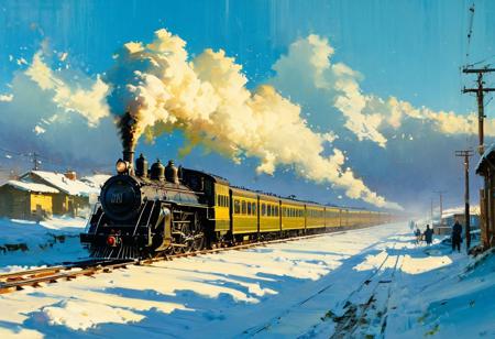 ((masterpiece, best quality, high quality, high resolution, ultra-detailed)), ,moving train through the snow<lora:soldart:0.6> <lora:AngelicAI:0.1> <lora:add_detail:1>,, with a moving train in the background, blue sky, sunny day, epic clouds, (oil painting: 0.1), (best quality, 8K, high resolution, exceptional detail, outstanding composition: 1.4), art by Jeremy Mann, divine rays, dramatic light, (rich oxygenated air and protected atmosphere, aesthetics of hard painting: 0.1),