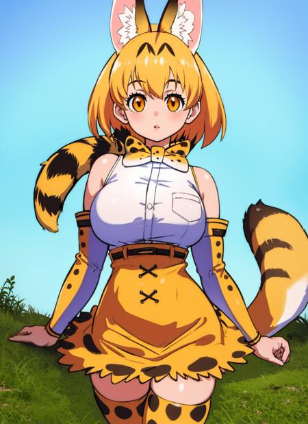 beautiful, masterpiece, best quality, realistic photo 1girl, serval,  blonde hair,  cat ears, cat tail, high-waist skirt, highres, kemono friends, large breasts, looking at viewer, orange eyes, thighhighs  <lora:my_ServalKemonoFriends_v1:0.6>