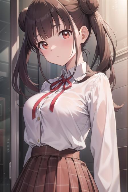 chiyokosonoda, <lora:chiyokosonoda-lora-nochekaiser:1>,
chiyoko sonoda, brown hair, (red eyes:1.5), hair bun, long hair, double bun, sidelocks,
BREAK brown skirt, buttons, collared shirt, dress shirt, miniskirt, neck ribbon, plaid, plaid skirt, pleated skirt, ribbon, school uniform, shirt, skirt, white shirt, yellow ribbon,
BREAK indoors, classroom,
BREAK looking at viewer, cowboy shot,
BREAK <lyco:GoodHands-beta2:1>, (masterpiece:1.2), best quality, high resolution, unity 8k wallpaper, (illustration:0.8), (beautiful detailed eyes:1.6), extremely detailed face, perfect lighting, extremely detailed CG, (perfect hands, perfect anatomy),