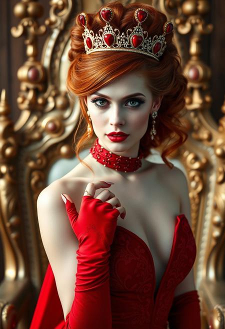 a gorgeous 30 years old caucasian woman, very pale skin, very long red hair in updo with curls hanging down and royal tiara with red heart jewels, long black eyelashes, black mascara, black eyeliner, big amber eyes, red sparkling smokey eyes eyeshadow, luscious sensual red glossy lips, rouge, sexy elegant curves, red elegant royal choker with hearts and roses jewelry, long red royal gloves with heart roses embroidery, long red royal dress with cleavage and heart roses embroidery, looking at viewer sensually and dominantly, Throne room