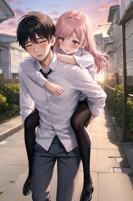 1boy, 1girl, carrying, piggyback, outdoors, formal outfit, pantyhose, white shirt,  blush, sunset, dawn, cloudy,   alley, walking,  <lora:piggyback_v1:0.7>