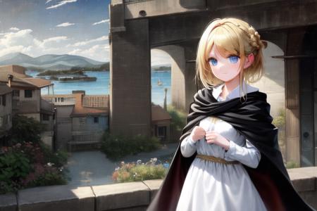 at historical town; solo, waifu with blonde hair, blue eyes, white dress and black cape; exceptional, best aesthetic, new, newest, anime; golden ratio; painting by John William Waterhouse