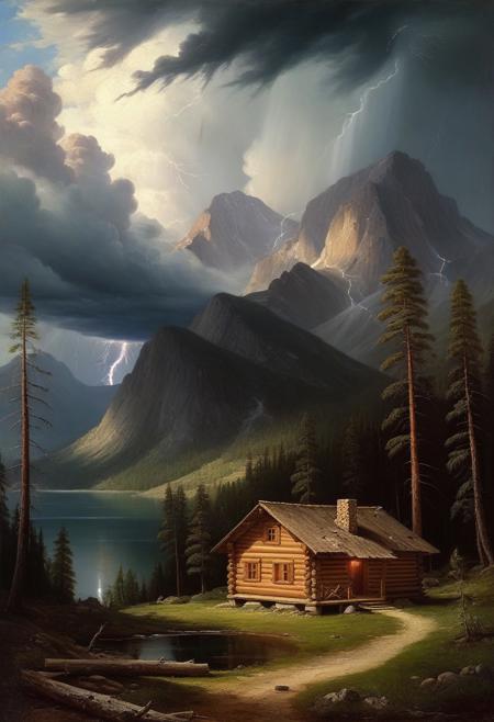 Masterpiece, high-resolution, oil painting, tall mountains, pine forest, log cabin, lake, large thunderstorm clouds in the distance