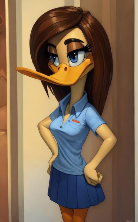 ((Best quality, masterpiece, ultra high resolution)),((full body)),standing,hands on hips,(by pixelsketcher),  <lora:Tina Russo:0.8>,tina russo,duck, beak, bird, eyelashes, half-closed eyes,yellow skin,brown hair ,furry female,orange legs,webbed feet,((blue shirt)),blue skirt,short sleeves,pocket, collared shirt, breast pocket,collared shirt,1girl,solo