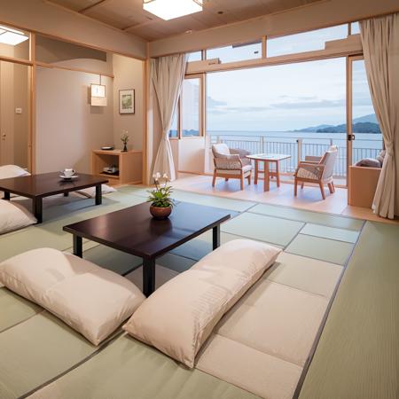 ryokan, scenery, table, chair, indoors, window, sliding doors, shadow, tatami, door, realistic,