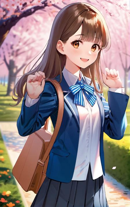 (masterpiece,best quality,ultra_detailed,highres,absurdres:1.4),1girl, solo, smile, bow, bag, jacket, outdoors, waving, blazer, shirt, blush, bowtie, bangs, blurry, day, striped, grin, petals, tree, buttons, teeth, brown hair, cherry blossoms, school uniform, looking at viewer, blue bow, school bag, long sleeves, blue bowtie, white shirt, upper body, collared shirt, brown eyes, long hair, striped bow, blurry background, blue jacket, spring (season), medium hair, striped bowtie, depth of field, hand up