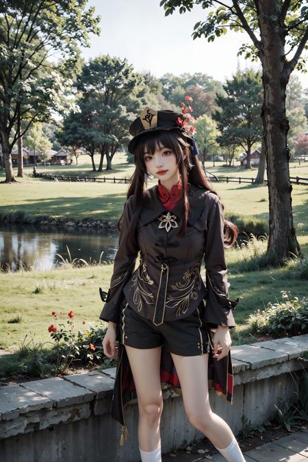 <lora:Hutao:0.7>, hu_tao, cowboy shot, beautiful girl, hat, hat flowers, brown long sleeves coat, black shorts, bare legs, white socks, black shoes, standing, long brown hair, outdoors, sunshine, lawn, flowers, sunny, lake, park,