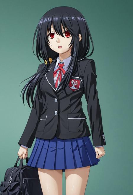 macabre, anime, dynamic pose, dynamic angle, masterpiece, best quality, 1girl, solo, macabre place, macabre style,
kurumi tokisaki school uniform, long hair, skirt, black hair, red eyes, long sleeves, ribbon, school uniform, jacket, pleated skirt, bag, hair over one eye, blue skirt, blazer, school bag, black blazer,