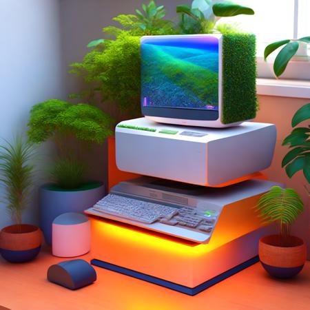 (ecocomputer style:1) a computer sitting on top of a table next to a potted plant <lora:djzEcoComputerV21_LoraBooth:1>