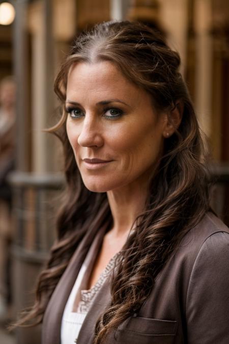 convict costume ,  carousel , dusk  <lora:Orla_Brady:1> masterpiece, best quality, detailed face,, 1girl, solo, a mature o1873b, brown_eyes, realistic, brown_hair, long_hair, posing,