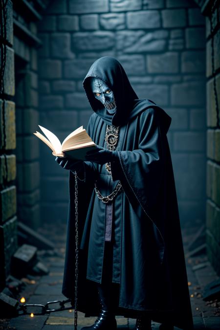 <lora:LCM_LoRA_Weights_SD15:1>,<lora:detail_slider_v4:1.2>,(malevolent lich) with glowing yellow eyes, wearing a black tattered robe, dark breeches, armored boots, clutching a ancient tome with chains, surrounded by surrounded by a dark aura, set in crypt, damp and dark, cold stone walls, flickering torchlight, eerie echoes, during a storm,