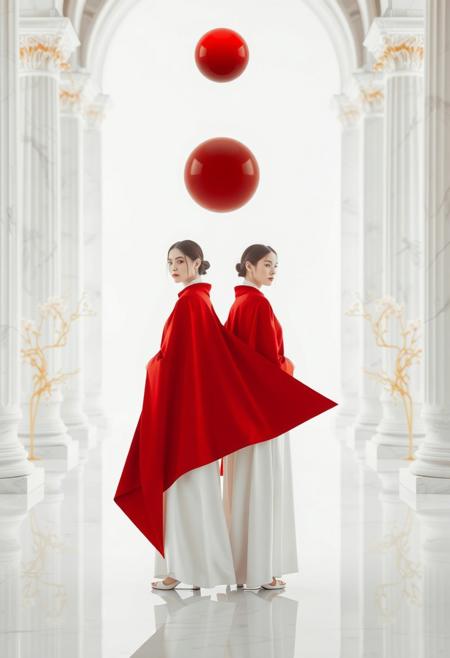 A dual-figure composition set in a high-key environment of blinding white marble architecture and stylized columns. Two women stand side by side; the one in the foreground is in sharp focus, draped in a fire red cloak shaped like a sharp-edged wing, while the second figure blurs slightly into the background through a split focus technique. The scene plays with reflection and symmetry, with minimalist gold details and pale botanical elements surrounding them like cut-out silhouettes. Their expressions are calm, unreadable—evoking mystery and ritual. Above them hovers a floating red orb, echoing the color of the cloak, infusing the stark space with symbolic weight. The entire composition is crisp, stylized, and allegorical, blending elegance with subtle surrealism.
