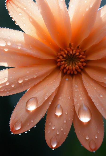 High contrast, colored, graphic novel illustration, extreme close up of a pastel peach flower, dew drops, water droplets, blurry background, dynamic angle, 
 <lora:tearStyle2-000007:0.8> tearStyle2  <lora:Add_Details_v1.2:1> <lora:xl_rpr_soulgemmed_v1:0.6> rp_slgd
