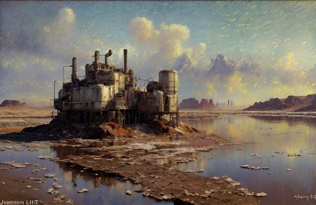 (impressionism:1.1), salt flat, Cliff/Bluff, industrialism, (jeremy mann:1), rural, scenery,scene painting,a painting, sky,outdoors,robot, <lora:å·¥ä¸è¸æ±½:0.3>,