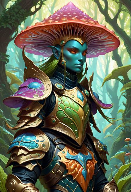 psychedelic : a psychedelic portrait of a fungal 
knight, spore armor, toxin blade
, intricate, elegant, highly detailed, digital painting, artstation, concept art, matte, sharp focus, illustration, art by artgerm and greg rutkowski and alphonse mucha