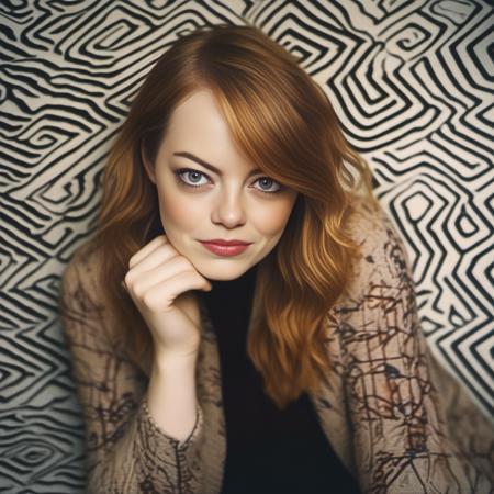 EmmaStone, photograph, hyper detailed, Nurturing voluptuous Woman, Inspired background, Fall, Direct light, film grain, Canon EF, 35mm, geometric patterns, extremely hyper aesthetic,  <lora:EmmaStoneSDXL:1>