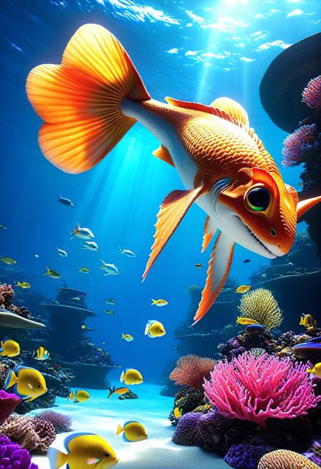 kitty diving underwater surrounded by fish, underwater kingdom, Ocean, Coral reef adventure, Reef Expedition, giant glowing exotic monster sea creature . Appetizing, professional, culinary, high-resolution, commercial, 
3d-rendering, concept-art, digital, dreaminess, futuristic, multimedia, sculpture, virtual-reality, 
eeriness, fantasy, photorealism, other-worldliness, realism, sci-fi, technological, alien worlds, advanced civilizations, 
intricate details, highly detailed, ultra-detailed, absurdres, unreal engine, octane rendering, high contrast, vivid, vibrant, volumetric lighting, sharp focus, 
aid291, midjourneyv6.1, 
RainbowUnicornStyle