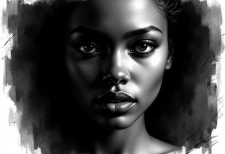 Extremely Close up, African woman, deep sadness, intense internal emotional pain, clear eyes, Pencil drawing, black and white, pencil strokes, dark textured background, beautiful lighting, Scratchy pen strokes, Charcoal Art Sketch