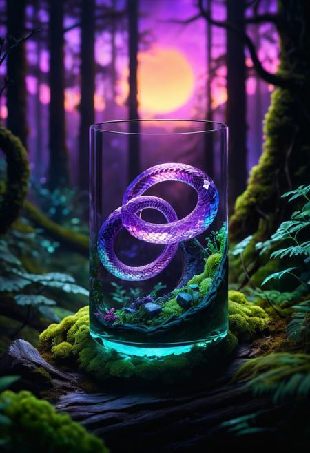 Fantasy concept art. Macro shot. A glass snake coils around a glowing crystal in a dimly lit, mystical forest. Macro. Vibrant oil painting with triadic colors. Iridescent scales reflect shades of purple. Emerald moss-covered trees tower above. Soft, ethereal light pours through the crystal, casting an otherworldly glow. Complementary colors. Deep color. 8k resolution. Intricate detail. Unreal Engine 5. Matte painting. Hyper-realistic. Splash screen. Best quality. Trending on Artstation.