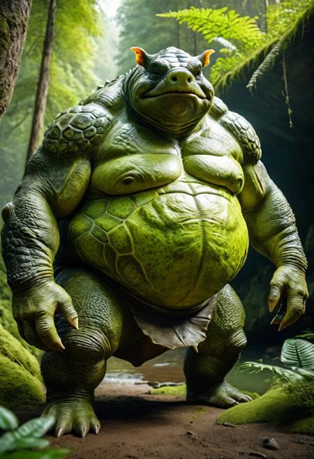 Frontal view, upper body view, Hyper-realistic photo, lifelike texture, grainy, cinematic, 4k, quality, detailed, impressive, wildlife animal shot, 
Create an image of a giant hybrid creature that combines features of a ogre and turtle. Overweight creature, anthro hybrid, It stands on two legs like a troll, with a massive, (fat body:2.1) as thick as an pig. Small head, Its face resembles that of a turtle, with a broad, flat snout and expressive eyes. The skin is rugged and textured,  the skin is chartreuse-colored, adorned with bony protrusions that mimic a turtle's shell. The creature is set in a fantastical landscape, surrounded by lush greenery and towering trees, near cave and river, showcasing its imposing size and unique blend of characteristics