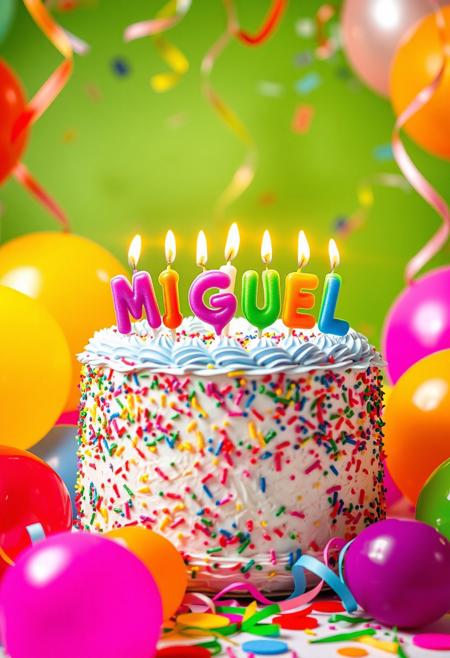 A beautiful birthday cake with colorful frosting, decorated with candles that spell 'MIguel '. Surrounding the cake are vibrant balloons in different colors, creating a festive atmosphere. The background is bright and cheerful, with confetti and streamers adding to the celebration. The scene is well-lit with a warm, happy glow, perfect for wishing a friend a happy birthday." 50 anos