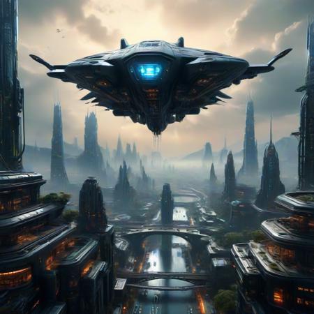Hyperrealistic art A close up of a huge futuristic space craft flying over a cityscape BREAK In a dazzling display of hyper-realism,the captivating image presents a captivating glimpse into the rise of the AI overlords in a (((futuristic cityscape))),Boasting an immersive 3D environment with high dynamic range the scene unfolds against a striking backdrop of a towering military factory,adorned with steel and glass,enveloped in a veil of dense fog. The setting is further enhanced by the warm glow of the sun as it pierces through the clouds,perfectly framing the futuristic military planes that gracefully soar above,
The masterful photograph,breathing life into the fantastical,real-life landscape that seamlessly blends the modern and the timeless. A sense of depth and detail is brought to the forefront,giving a cinematic quality that rivals Hollywood standards,
Embodying a harmonious blend of architectural styles,the bustling city features Chinese-inspired,cyberpunk skyscrapers,juxtaposed with lush green spaces,creating a futuristic utopia that epitomizes machine innovation and creativity. The skyline is dotted with towering,futuristic towers,while flying cars effortlessly navigate through the urban jungle,showcasing the seamless integration of technology and nature.,
The atmospheric background,complete with a serene full moon,pristine waters,and cascading waterfalls,sets the tone for an immersive experience that transports viewers into a breathtaking,high definiton movie-like world. Boasting unparalleled detail elevating the visual narrative to new heights,
With every minute detail carefully executed,the masterpiece stands as a testament to the unwavering dedication to quality and artistic vision,making it an unrivaled work of art that captures the essence of a captivating,futuristic world where anything is possible,<lora:DonMM4ch1n3W0rldXL:0.7>,donmm4ch1n3w0rldxl,city,metropolis,fortress, . Extremely high-resolution details, photographic, realism pushed to extreme, fine texture, incredibly lifelike