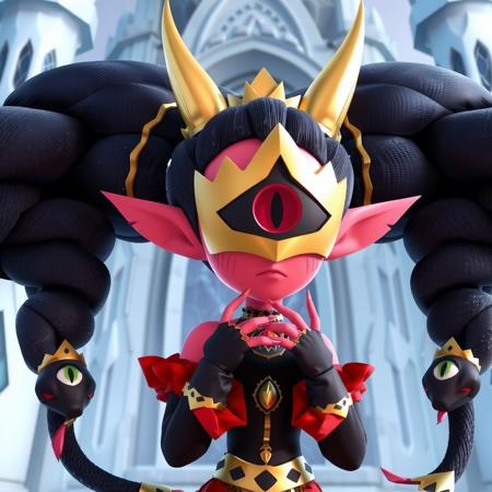 Image in the style of a 3d disney pixar cartoon of Medusamon, a humanoid with a predominantly pink and black color scheme. She has pink skin, pointy ears,black twintail hair made of snakes, a single red eye and golden mask with with two horns. Each of her snakes has a golden crown on its head. She is wearing a black shirt with detached sleeves and a pendant and fingerless gloves with eyes on the palms. The image focuses on her upper body, she has her hands on her chin and is frowning. The background is a castle made of ice. The image is 3d cgi, reminiscent of pixar films