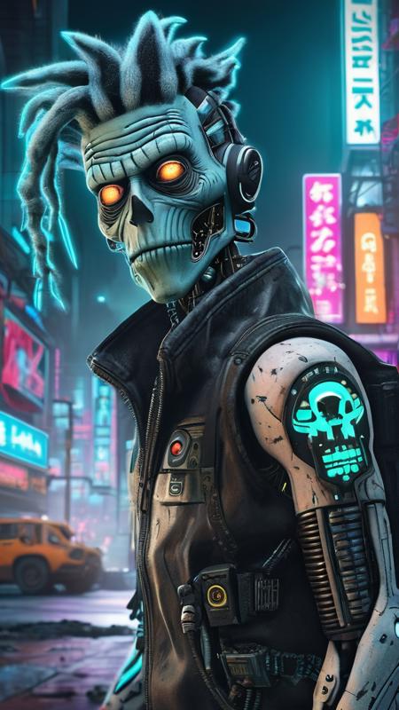Hyperrealistic art rick sanchez beautiful portrait, cyber punk city background.  Art  drawing by Butcher Billy , neon ambiance, abstract black oil, gear mecha, detailed acrylic, grunge, intricate complexity, rendered in unreal engine, photorealistic . Extremely high-resolution details, photographic, realism pushed to extreme, fine texture, incredibly lifelike