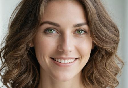 A meticulously detailed, hyper-realistic studio portrait of a 35 years old woman with sun-kissed skin and bright green eyes. She has a slim, oval, delicately contoured face with high cheekbones, a narrow jawline, and a subtle V-shaped chin. Her wavy, short-length light brown hair is casually tousled, framing her naturally beautiful face. Her skin has realistic texture: visible pores, soft natural wrinkles, gentle laugh lines, and minor imperfections that enhance authenticity. She wears a warm, genuine smile. The lighting is soft window daylight, captured with an 85mm lens at f/4, with natural color grading and an unedited RAW film look — inspired by Kodak Portra 400. No makeup retouching, no plastic effect, no artificial smoothing. photography , editorial photo,  realistic , natural light,  highly detailed