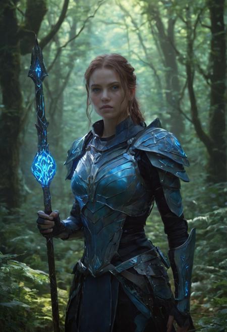 Sci-fi concept art. Close-up portrait. Realmwalker with glowing blue rune staff standing in mystical forest. Digital painting. Soft, ethereal light emanating from runes. Intricate, glowing circuitry patterns on staff and armor. Lush, vibrant foliage in forest background. High contrast, cinematic lighting. 8k resolution, highly detailed, masterful composition, vivid colors, mystical atmosphere, glowing accents, realistic textures, sense of wonder.