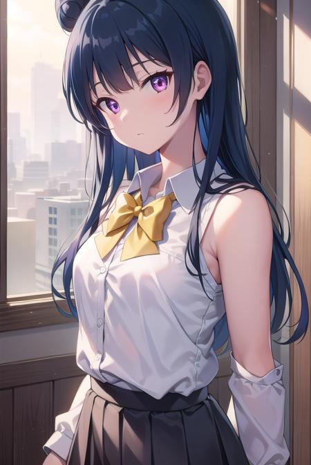 yoshikotsushima, <lyco:yoshikotsushima-lyco-nochekaiser:1>, 
yoshiko tsushima, blue hair, hair bun, (purple eyes:1.1), single side bun, bangs, long hair, (small breast:1.2),
BREAK bow, bowtie, buttons, grey skirt, long sleeves, pleated skirt, school uniform, serafuku, skirt, uranohoshi school uniform, yellow bow, yellow bowtie, sleeveless,
BREAK looking at viewer, 
BREAK indoors, classroom,
BREAK <lyco:GoodHands-beta2:1>, (masterpiece:1.2), best quality, high resolution, unity 8k wallpaper, (illustration:0.8), (beautiful detailed eyes:1.6), extremely detailed face, perfect lighting, extremely detailed CG, (perfect hands, perfect anatomy),