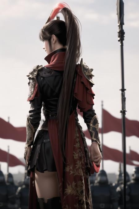 (from_behind),
Standing in front of a group of people in armor ,in a field with flags in the background,a line of red flags and a building,
red outfit,shoulder_armor,armor,armored dress, armored boots,red_cape,high_collar,a helmet on her head,
<lora:Dragon_Conquerors_Blade-KK77-V1:0.7>,holding_weapon,spear,realistic, thighhighs,,
bangs,black_hair,brown_eyes,long_hair,turtleneck,
1 girl, 20yo,mature female,Beautiful Finger,Beautiful long legs,Beautiful body,Beautiful Nose,Beautiful character design, perfect eyes, perfect face,
looking at viewer, 
NSFW,official art,extremely detailed CG unity 8k wallpaper, perfect lighting,Colorful, Bright_Front_face_Lighting,
(masterpiece:1.0),(best_quality:1.0), ultra high res,4K,ultra-detailed,
photography, 8K, HDR, highres, absurdres:1.2, Kodak portra 400, film grain, blurry background, bokeh:1.2, lens flare, (vibrant_color:1.2)
(Beautiful,large_Breasts:1.4), (beautiful_face:1.5),(narrow_waist),