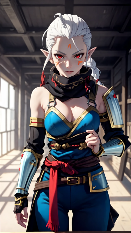 IMPAHW, pointy ears, white hair, elf, face mark, red eyes, hair pulled back, single braid,  short hair ninja armor, sarashi, half breastplate, half shoulder armor, black scarf, blue clothes, pants, belt with feathers