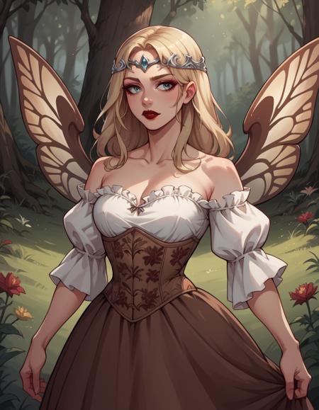 hud_forest_fairy_dress, white and brown dress, puffy sleeves, brown brocade floral corset, silver circlet, bare shoulders cross laced