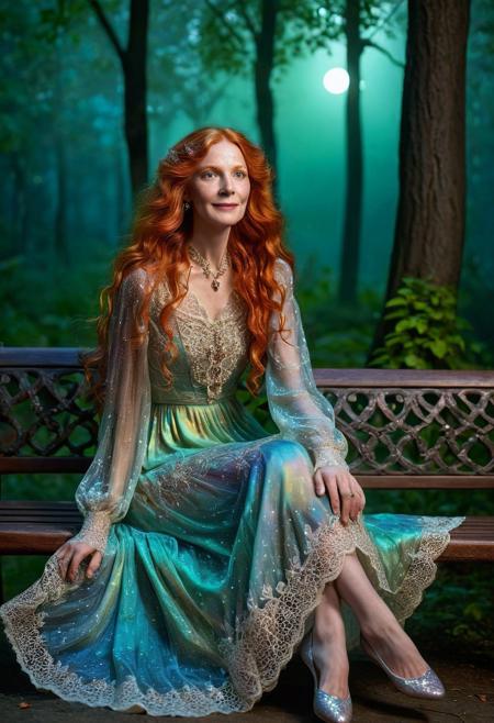 A captivating, cinematic night time photo of an elegant beautiful older woman, (age 50:1.2), sitting on a park bench, happily smiling, hands on lap, with long curly dark orange hair, (freckles:1.3), looking at camera, full body view. She is dressed in an exquisite, sparkling ((gl1tt3r, glitter, iridescent)) translucent multi-colored Victorian dresses adorned with intricate lace and silver thread patterns. Her long orange hair flows elegantly, and her eyes are a striking shade of green. Matching slippers enhances her look. The background is a mystical, moonlit forest, dark shadows and glowing lanterns, mist, fireflies, creating an atmosphere of supernatural enchantment., DarkFantasy, photo, cinematic,