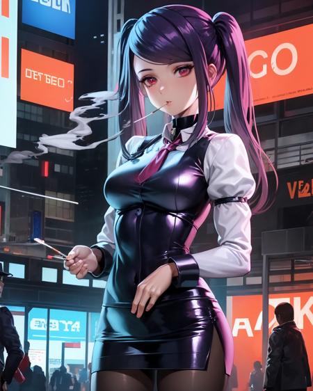 (extremely detailed CG unity 8k wallpaper),(masterpiece), (best quality), (ultra-detailed), (best illustration),(best shadow), cowboy shot, (sharp eyeliner, eyeshadow, detailed eyes:1.1), smoking, smoke, mouth hold cigarette, cyberpunk city,
(jill:1.2), white sleeves
<lora:Jill_Stingray:1>