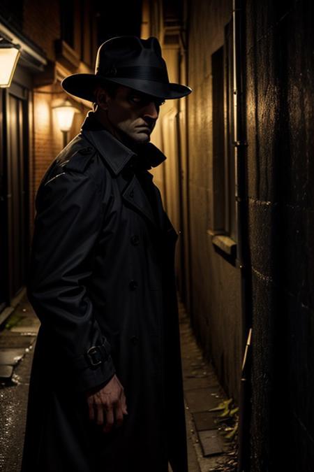 score_9, score_8_up, score_7_up, mysterious detective, noir crime thriller, fedora and trench coat, dimly lit alleyway at night, hidden in shadows, piercing eyes, glowing cigarette, crime scene survey, contemplative look, brooding stance, sharp features, intense pose, close-up, dramatic lightingscore