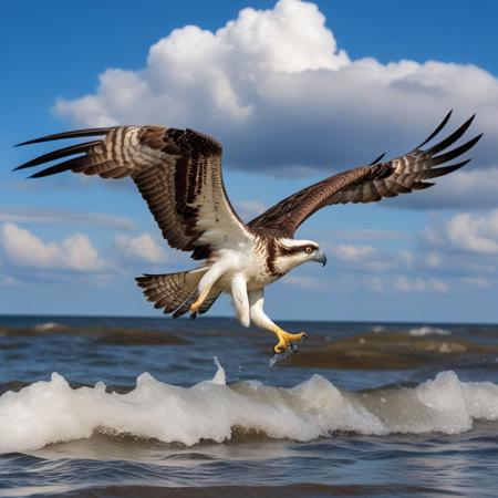 osprey eagle in flight rushing into the sea with a fish in its paws, blue sky background with cumulo-nimbus cloud, photography very realist