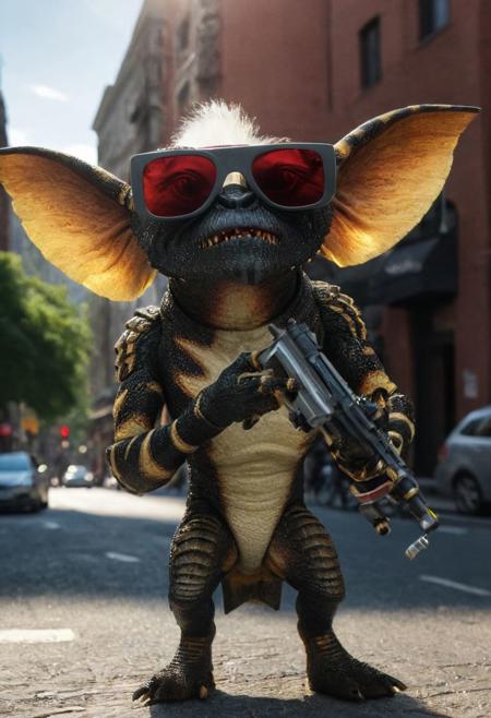 amazing quality, masterpiece, best quality, hyper detailed, ultra detailed, UHD, perfect anatomy, portrait, dof,in a street of big city,  hyper-realism, majestic, awesome, inspiring, - (ogremlino,gavardine, sun glases , :1.0),  cinematic composition, soft shadows, national geographic style,biped